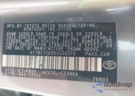 2005 Toyota Camry Std from USA, damaged, VIN 4T1BE32K95U530375